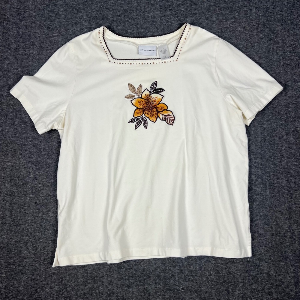 Alfred Dunner Embroidered Floral Top Womens Large White Beaded Square Neck